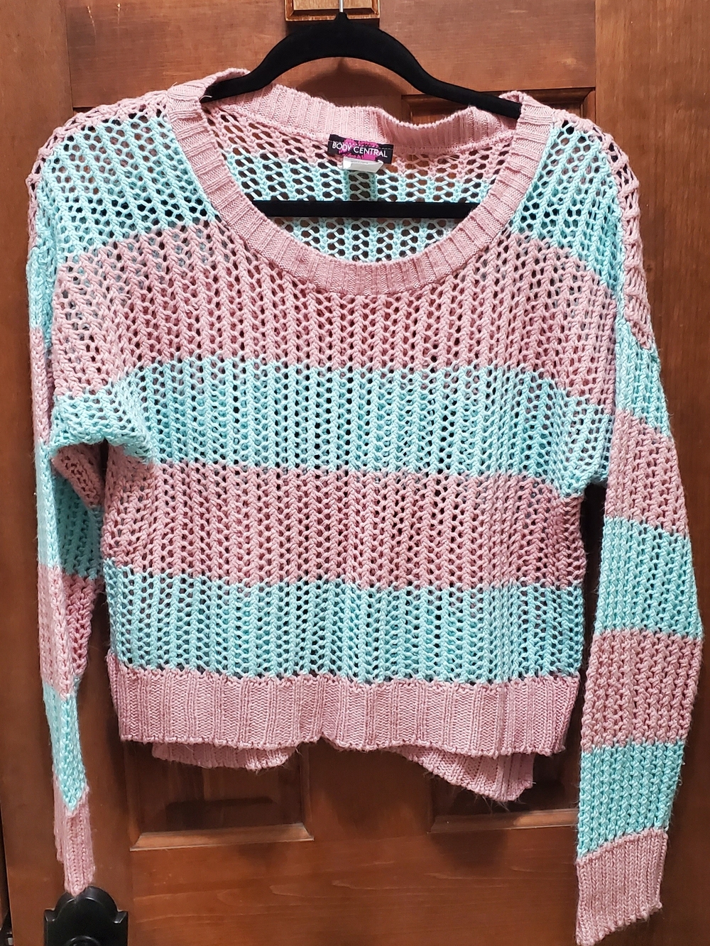 Body Central Pink and Mint Open-Knit Striped Crew Sweater